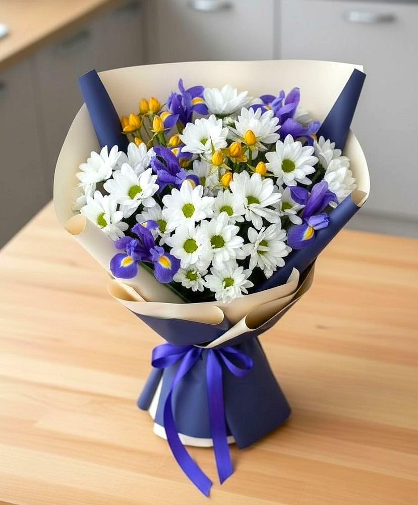 Букет цветов из: Розы, Ирисы и Хризантемы в Нелидово